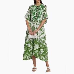 FARM Rio Forrest Soul Midi Dress Green & White Eyelet XS New With Flaw